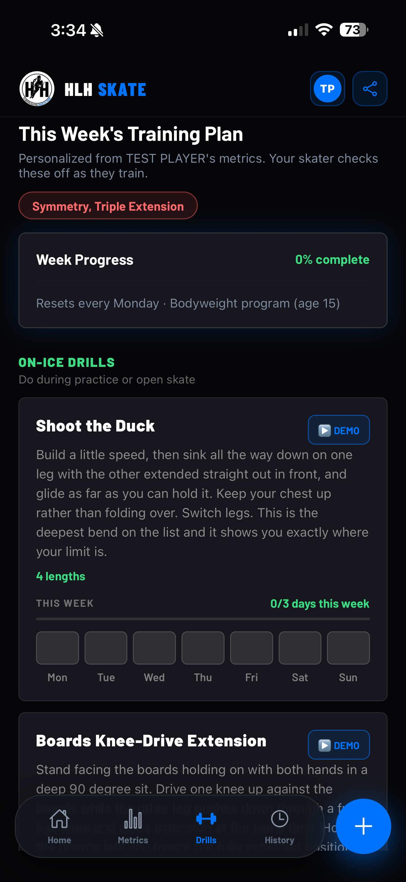HLH app weekly training plan with on-ice drills and daily check-offs