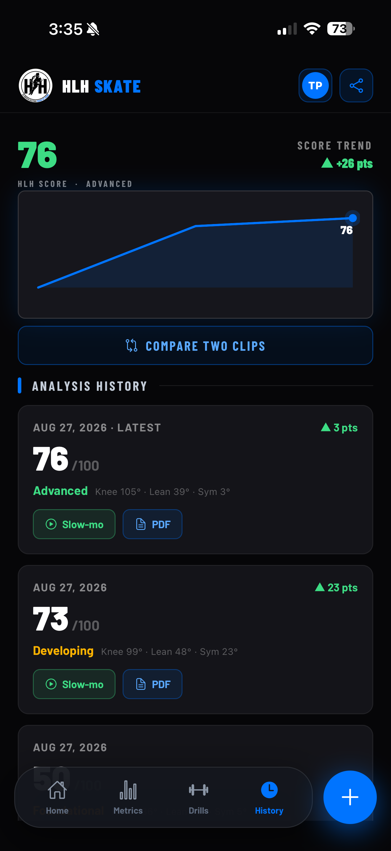 HLH app history screen showing score trend and past analyses with slow-mo and PDF reports