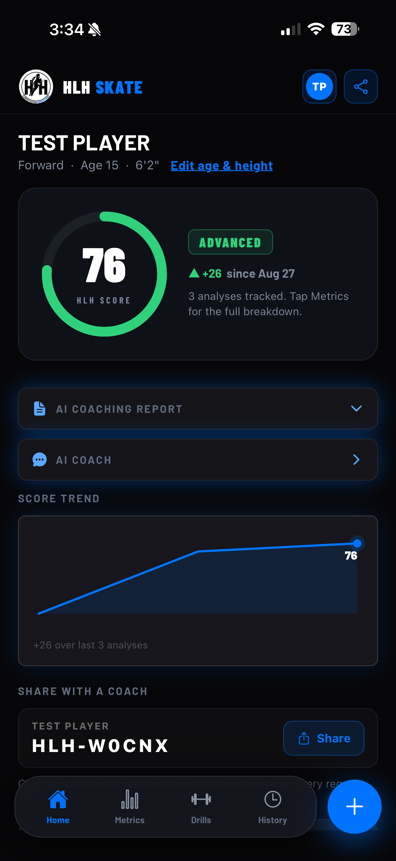 HLH app home screen showing overall skating score and progress trend